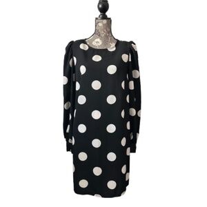 H&M Women' L Black & White Polka Dot Elegant Long Sleeve Relaxed Fit Tunic Dress